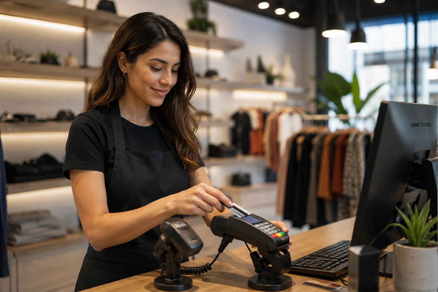 Mujer realizando cobro en tienda retail